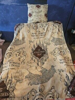 Harry Potter The Marauder's Map Printed Throw Blanket & Pillow - Cream and Brown